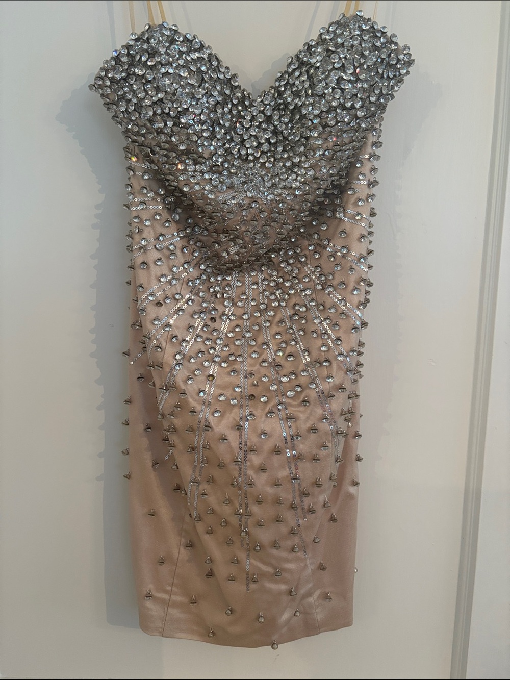 Strapless Nude Cocktail Dress with Silver Crystal Accents